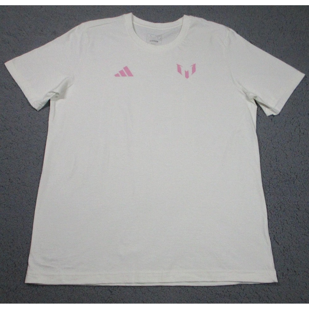 Adidas Messi 10‎ Shirt Mens Large White Pink Graphic Soccer Tee Crewneck Top